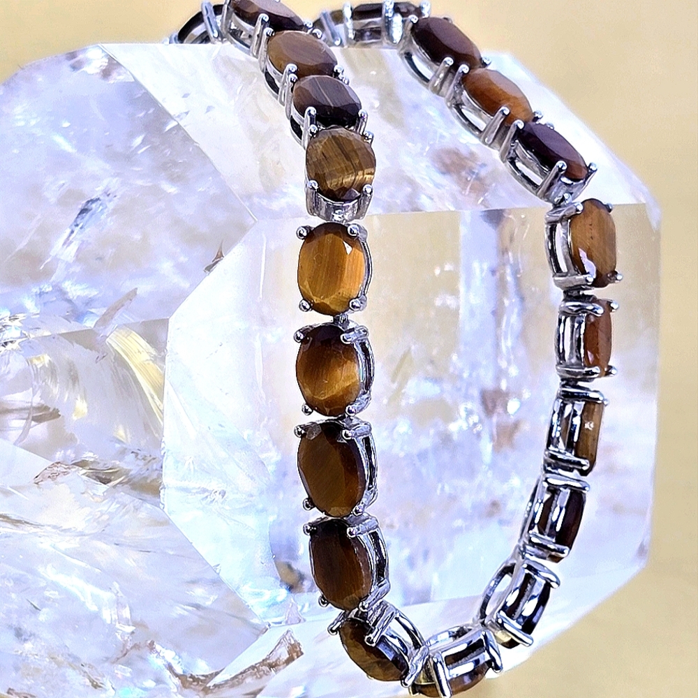 925 Sterling Silver Tennis Bracelet 18cm with Natural Tiger's Eye Gemstone 5x7mm